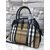 Large check fabric leather trim zipper tote handle bag