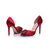 Red satin pointed head cut out pump