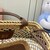 Woven fabric handbag with leather trim