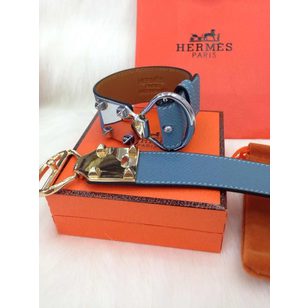 Silver finish blue leather belt bracelet