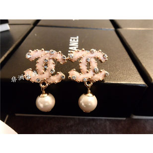 Pink Enamel with Diamond Double C Pearl Pendant Earrings