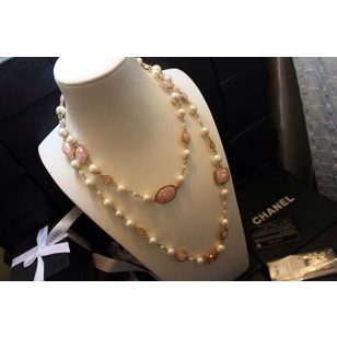 Pink stone with pearl long necklace