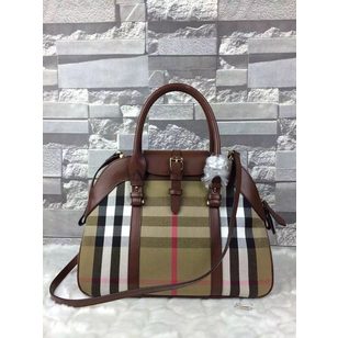 Large check fabric leather trim zipper tote handle bag