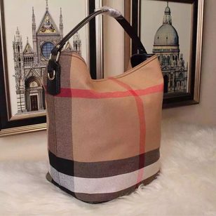 Large check fabric bucket shoulder bag