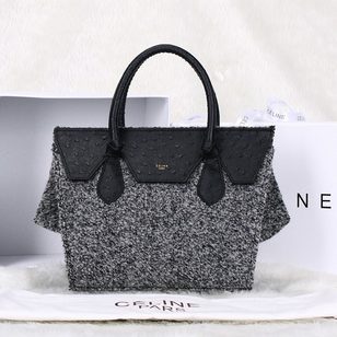 Gray cashmere with black ostrich leather flap tote