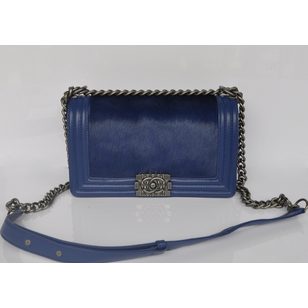 Blue leather & calf hair flap bag