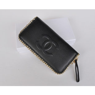 Leather metal chain edge zipper long wallet