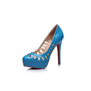 Blue patent leather cut out platform pump