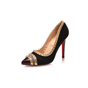 Black suede leather rivet pointed head pump