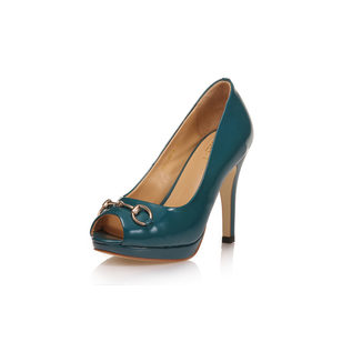 blue patent leather peep toe platform pump