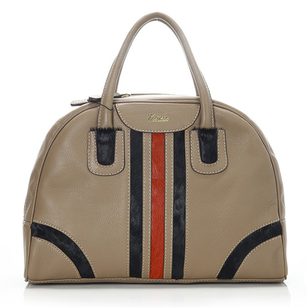 Beige Leather D Bag with Center Calf Hair Detail