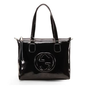 Black soft patent leather tote