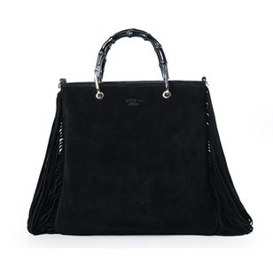 Black suede leather tassel bamboo shopper large tote