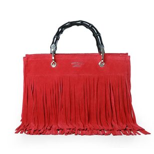 Red suede leather tassel bamboo shopper tote