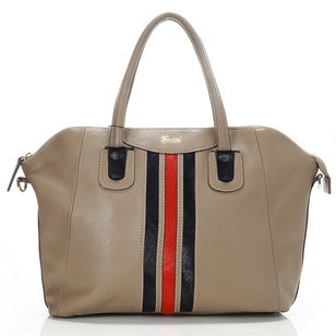 Beige Leather Top Zip Tote with Center Calf Hair Detail