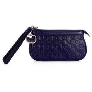 Blue GG Embossed Leather Clutch with Woven Wristlet