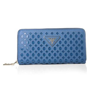 Blue Saffiano Leather Cutout Zipper Closure Wallet