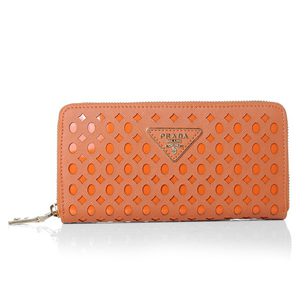 Orange Saffiano Leather Cutout Zipper Closure Wallet