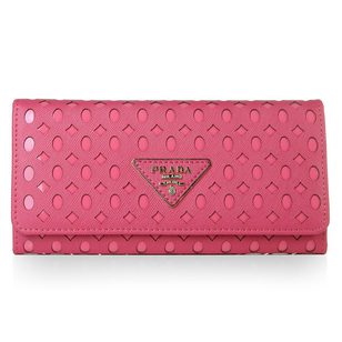 Fuschia Saffiano Leather Cutout Button Flap Closure Wallet