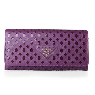 Purple Saffiano Leather Cutout Button Flap Closure Wallet