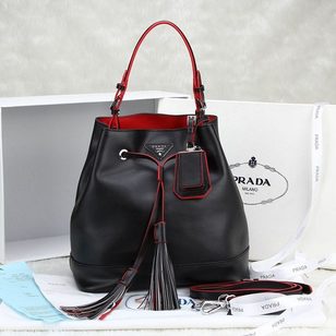 Black leather with red edge bucket bag