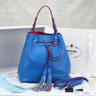 Blue leather with red edge bucket bag