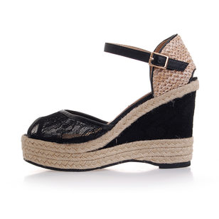 Black Lace Weave Jute Platform Wedge Pump Sandal