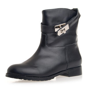 Black Real Cowhide Leather Short Boot