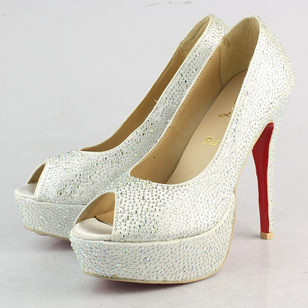 White Satin Crystal Peep Toe Platform Pump