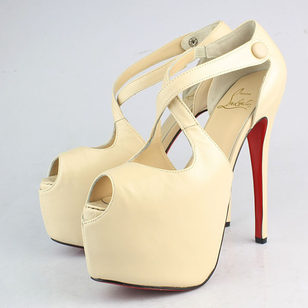 Beige Lamb Leather Cross Strap Platform Pump Peep Toe Sandal