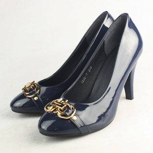 Blue Patent Leather Pump with Gold Hardware Logo