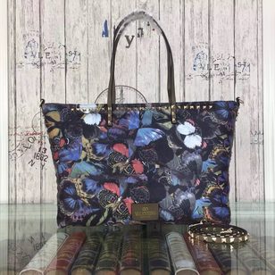 Butterfly fabric with leather trim zipper shopping tote