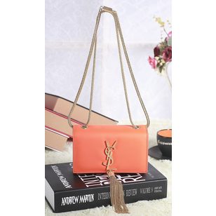 Orange Leather Clutch with Metal Tassel