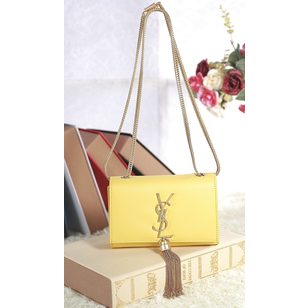 Yellow Leather Clutch with Metal Tassel