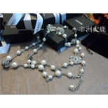 Chanel Black Rhinestone camellia Double C Pearl Long Necklace
