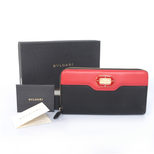 Bvlgari Stone Logo Real Black and Red Leather Zipper Long Wallet