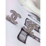 Chanel Double C camellia rhinestone 925 silver earring