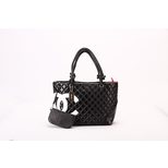 Chanel Black Lamb Skin Leather White Leather Logo Handle Bag