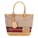 Gucci GG Fabric Beige Leather Trim Tote with Web Buckle