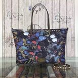 Valentino Butterfly fabric with leather trim zipper shopping tote