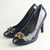 Ferragamo Blue Patent Leather Pump with Gold Hardware Logo